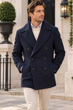 Heritage Preppy Quiet Luxury REISS Bergamo Wool Peacoat Navy Herringbone L NWT